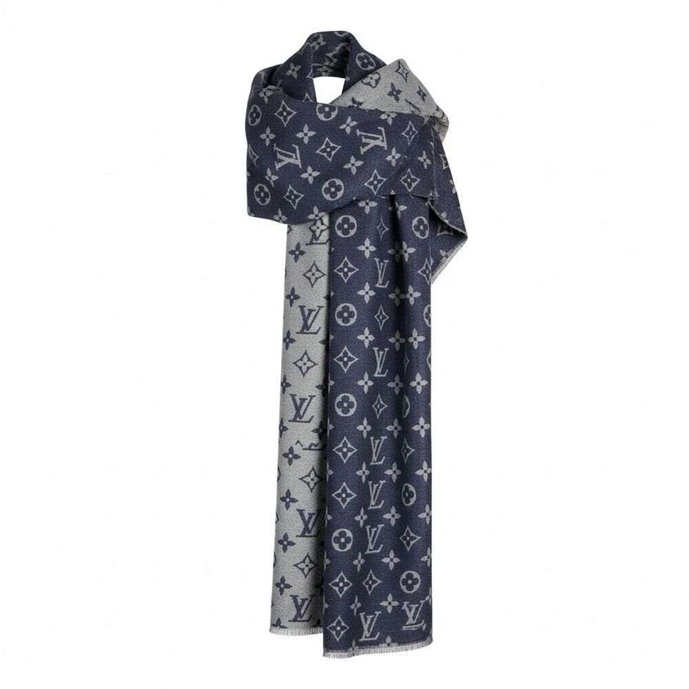 Louis Vuitton Blue and Gray Denim Monogram Wool Silk Shawl Scarf Auth - Picture 5 of 13